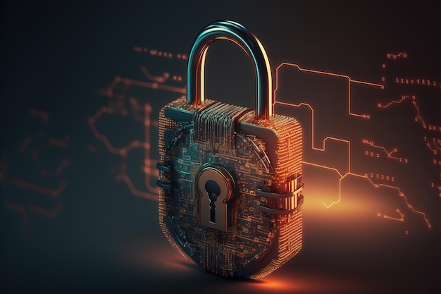 Lucchetto di sicurezza informatica, blocco digitale sullo sfondo della protezione dei dati della rete tecnologica