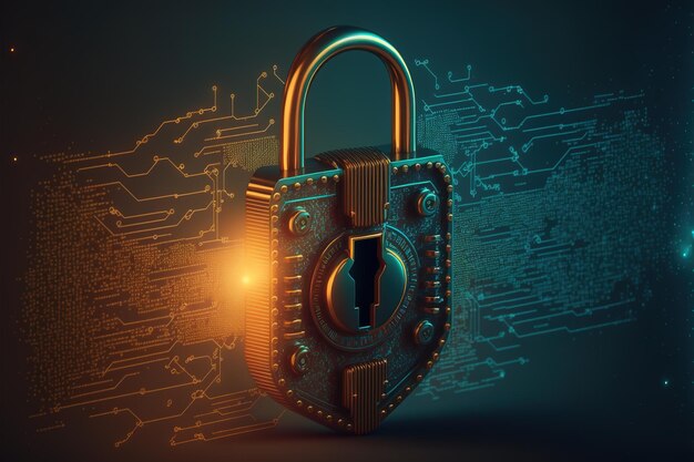 Lucchetto di sicurezza informatica, blocco digitale sullo sfondo della protezione dei dati della rete tecnologica