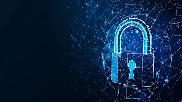 lucchetto digitale con schermo virtuale su sfondo scuro con spazio di copia tecnologia di sicurezza informatica per la prevenzione delle frodi e la privacy concetto di protezione della rete dei dati