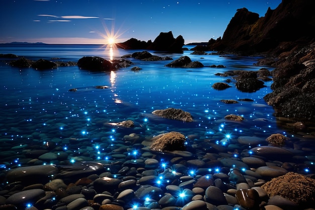 lucciole blu sulla spiaggia di notte