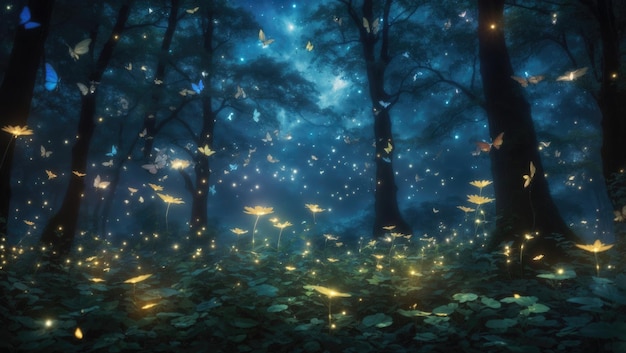 Lucciole e farfalle notturne incantate nella foresta mistica