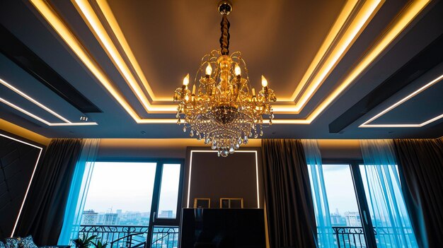 Luce a soffitto in stile lampadario ornato all'interno di un appartamento di lusso con illuminazione LED Generative Ai