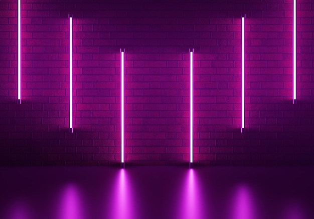 Luce al neon astratta con fondo vuoto della stanza del muro di mattoni di cemento di lerciume. rendering 3D