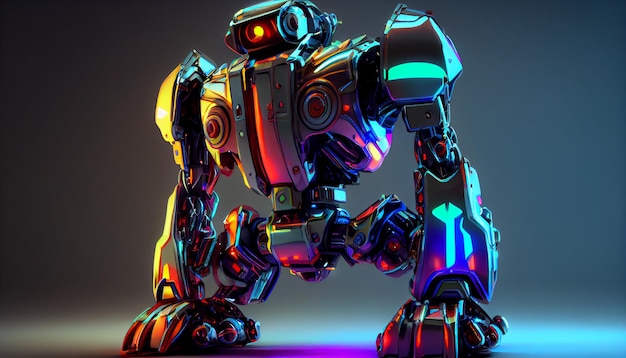 Luce al neon del robot colorato cromato Concetto di intelligenza artificiale Immagine generata ai