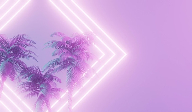 Luce al neon moderna e alla moda con palme tropicali Rendering 3D