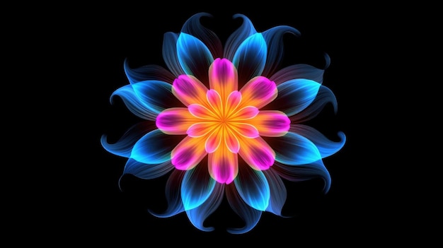 Luce al neon multicolore che disegna fiori di forma astratta isolati su sfondo nero Linea d'arte luminosa