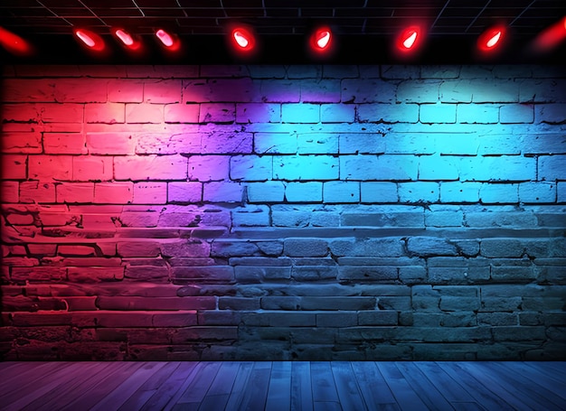 Luce al neon su pareti di mattoni che non hanno sfondo e struttura intonacati