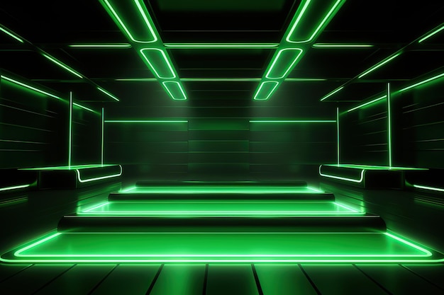 Luce al neon verde con podio palco vuoto su sfondo nero