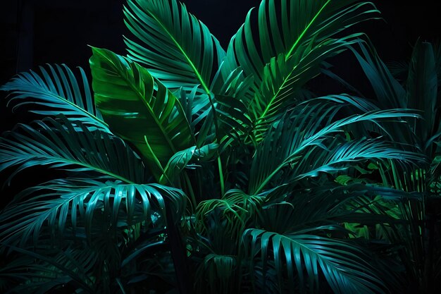 Luce al neon verde e blu con foglie tropicali