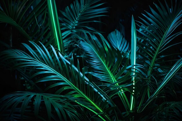 Luce al neon verde e blu con foglie tropicali