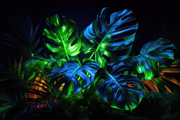 Luce al neon verde e blu con foglie tropicali