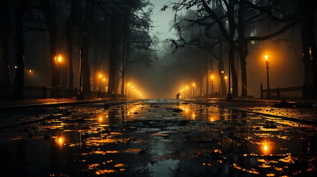 Luce astratta in una strada buia e vuota con fumo con riflesso bagnato di asfalto