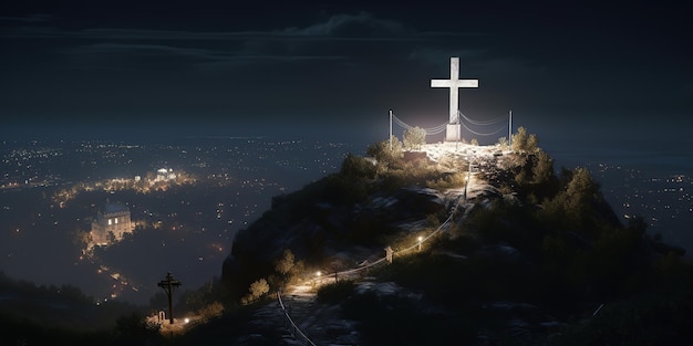 luce bianca incandescente santa croce sulla collina del golgota di notte
