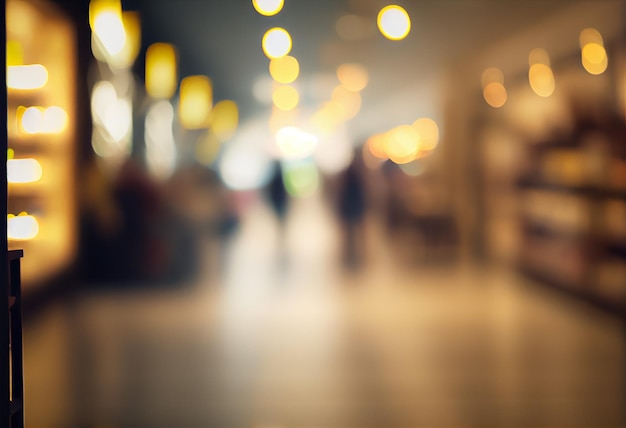 Luce calda Sfocatura dello sfondo chiaro nel negozio del centro commerciale per lo sfondo aziendale sfocato bokeh astratto nel corridoio interno Ia generativa