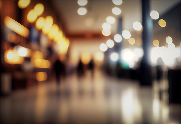 Luce calda Sfocatura dello sfondo chiaro nel negozio del centro commerciale per lo sfondo aziendale sfocato bokeh astratto nel corridoio interno Ia generativa