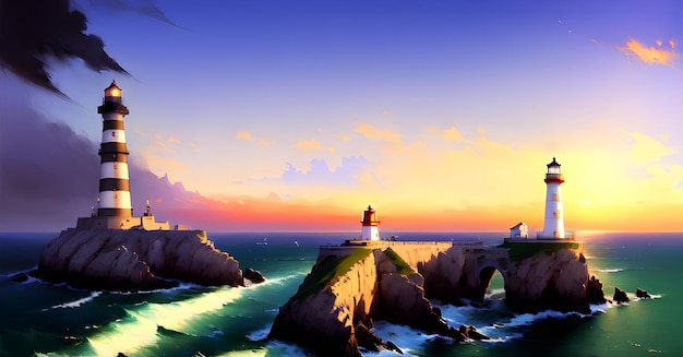 Luce casa mare oceano sfondo paesaggio per libri per bambini illustrazioni dipinti concetto di intelligenza artificiale generativa