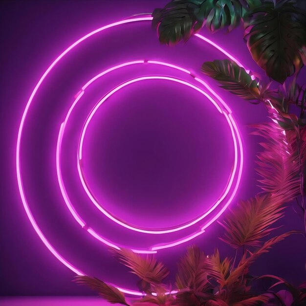 Luce circolare al neon viola con foglie tropicali generativa ai