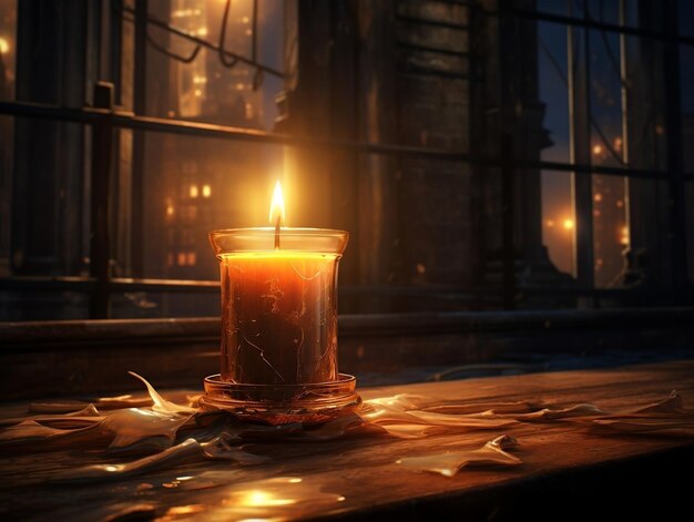 Luce debole di una candela accesa sullo sfondo scuro della carta da parati a lume di candela