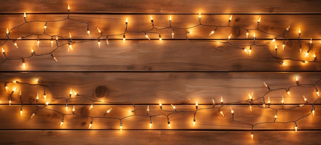 Luce di Natale su sfondo di legno Vista superiore con luci di ghirlanda Copyspace su consistenza di legno vintage