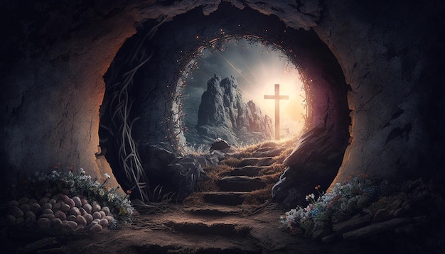 Luce di risurrezione in una tomba vuota con crocifisso all'alba IA generativa