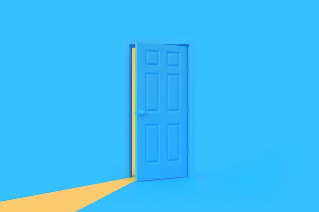Luce gialla che attraversa la porta di apertura nella stanza con sfondo blu Elemento di progettazione architettonica 3D