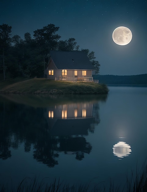 Luce lunare che si riflette sull'acqua del lago e una piccola casa nebbiosa nel lago