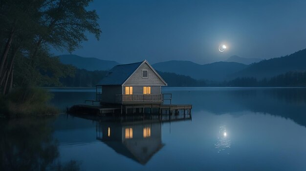 Luce lunare che si riflette sull'acqua del lago e una piccola casa nebbiosa nel lago