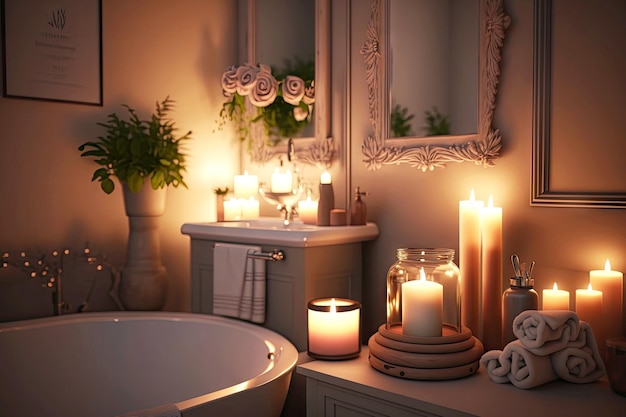Luce soffusa in bagno con candele e decorazioni eleganti create con intelligenza artificiale generativa
