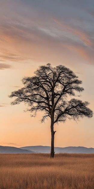 Luce solare brillante su un paesaggio sereno paesaggio minimalista con un singolo albero all'orizzonte