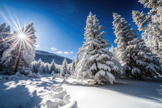 Luce solare che filtra attraverso i rami degli alberi carichi di neve IA generativa