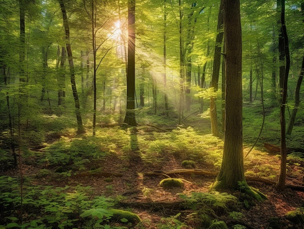 Luce solare che splende attraverso gli alberi in una foresta con muschio ai generativo