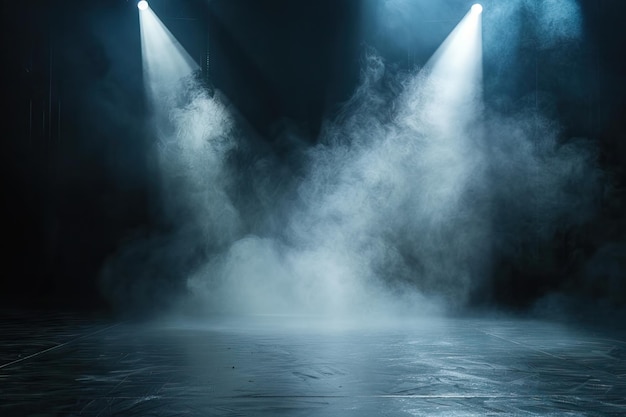 Luce spot all'interno Flussi di luce realistici diretti illuminati scena teatrale di nebbia o club di concerti proiettori raggi di temperatura fredda illustrazione generata dall'AI