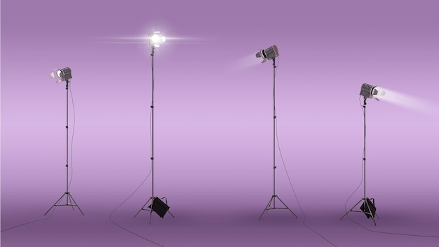 Luce stroboscopica per studio fotografico professionale isolata su sfondo viola Illuminazione fotografica Illuminazione fotografica realistica Studio fotografico e luce da palcoscenico Illustrazione 3D