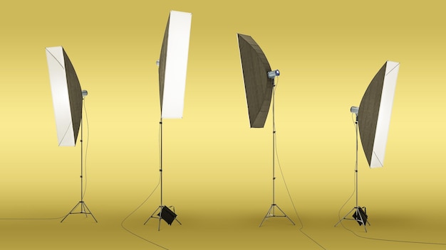 Luce stroboscopica professionale per studio fotografico con modificatore stripbox isolato su sfondo giallo Faretto realistico Studio fotografico e luce scenica Illustrazione 3D