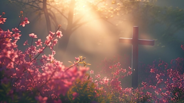 Luce trascendente dello Spirito Santo sopra una croce e fiori primaverili