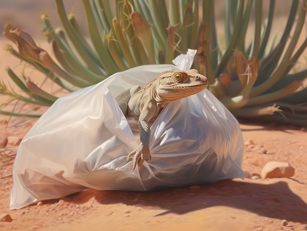 Lucertola del deserto intrappolata in un sacchetto di plastica inquinamento da plastica