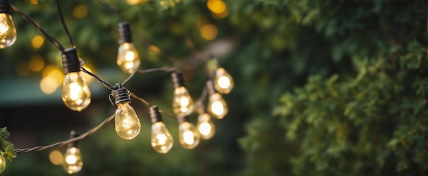 luci a stringa per feste all'aperto appese nel cortile sullo sfondo bokeh verde con spazio di copia