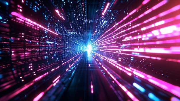 Luci al neon astratte nel tunnel della tecnologia digitale Generative Ai