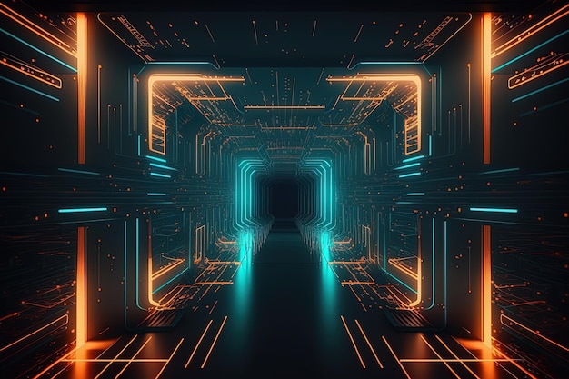 Luci al neon astratte nel tunnel della tecnologia digitale Sfondo astratto di tecnologia futuristica con linee per la velocità di Internet del server del centro dati di grandi dimensioni della rete Tecnologia generativa AI