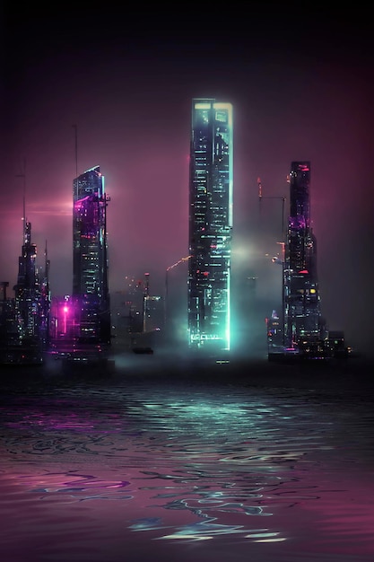 Luci al neon della città notturna della metropoli Riflesso delle luci al neon nell'acqua Città moderna con grattacieli Città di scena di strada notturna sull'oceano Illustrazione 3D