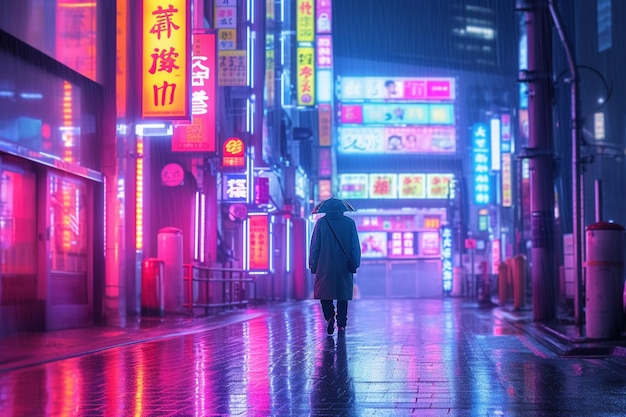Luci al neon futuristiche di vista notturna della città della via