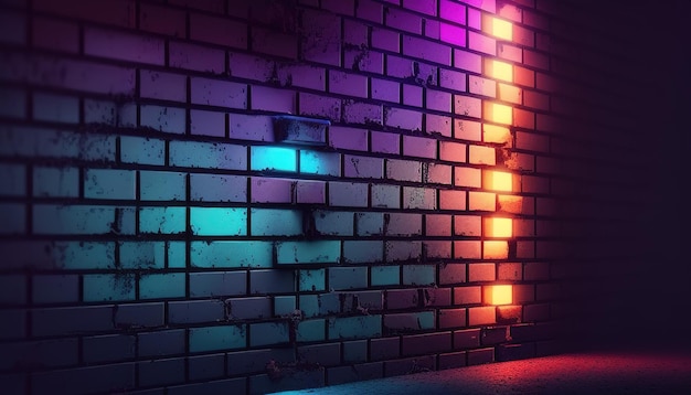 Luci al neon futuristiche sul muro di mattoni del grunge che mescolano vibrazioni retrò e moderne