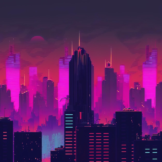 luci al neon rosa e blu su una città piena di grattacieli città oscura in stile cyberpunk con gradiente