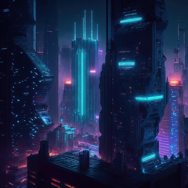 luci al neon rosa e blu su una città piena di grattacieli città oscura in stile cyberpunk con gradiente