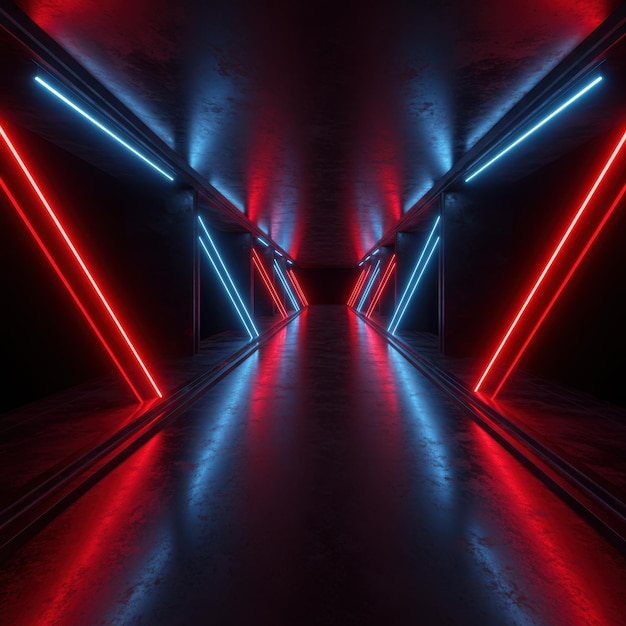 Luci al neon rosse e blu in un corridoio futuristico Arte digitale astratta