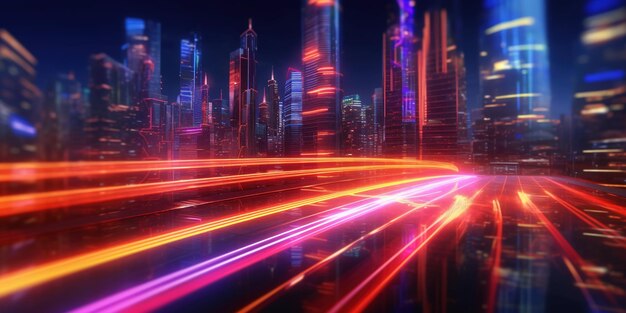 Luci al neon sentieri per auto Luci al neon sfondo della città futuristica città di velocità di movimento astratto