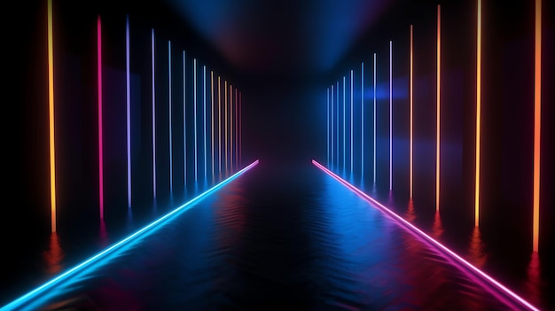 Luci al neon su uno sfondo scuro, rendering 3d