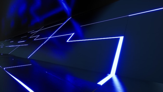 Luci al neon viola bianche blu sulla parete del soffitto e sul rendering 3d del pavimento