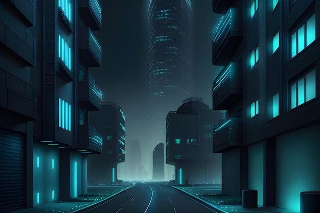 Luci bioluminescenti Città futuristica con cartelloni pubblicitari Strada iperrealista Fantasia AI Illustrazione generativa
