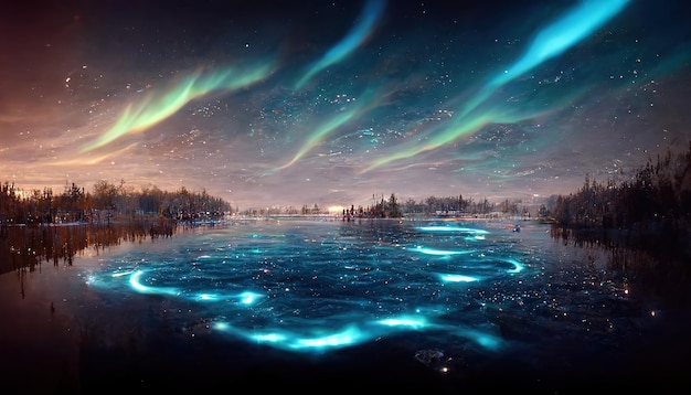 Luci del nord sul lago circondato dalla foresta Sky brillare realismo magico scintille colorate bagliore blu neon che riflette nell'acqua paesaggio notturno Concetto di fantascienza rendering 3D illustrazione